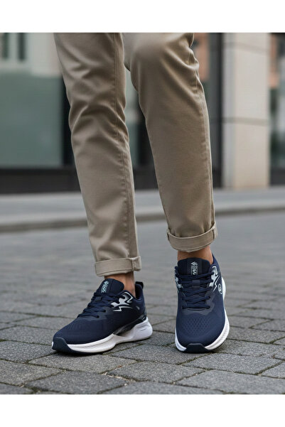 Wickers 803 Men's Navy Blue White Daily Light Sole Orthopedic Lace-Up Shoes