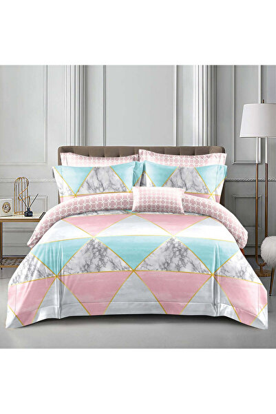 trendyhome Double Bed Linen, Satin Cotton 4-Piece – Geometric Pink/Turquoise