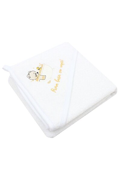 PRICHINDEL Hooded towel - 'Prima băiță cu nașii', cotton, white, 80 x 100 cm