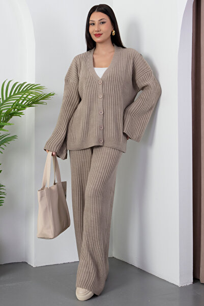 PULLIMM Corded Fabric Button Cardigan Pants Knitwear Set L8004