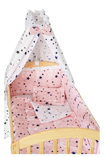 PRICHINDEL Set de lenjerie de pat cu baldachin, reversibil, stele roz, 120 x ...