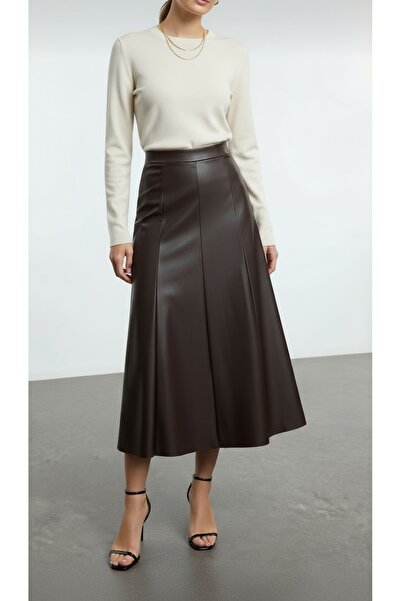 Grenj Fashion Brown Faux Leather High Waist Maxi Skirt