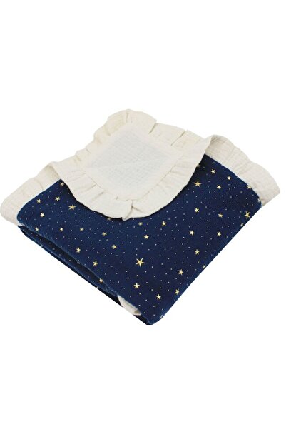 PRICHINDEL Double Muslin Blanket "Metallic Stars" with Ruffle, Navy, 100 x 80 cm