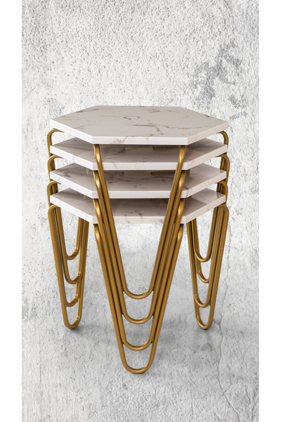 Veys Sehpa GOLD BOYA - 4 LÜ PİRAMİT ZİGON SEHPA - BEYAZ MERMER