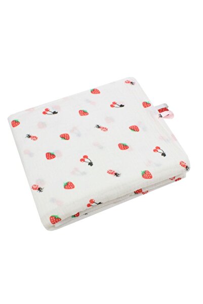PRICHINDEL Muslin blanket, strawberries and cherries, cotton, white, 80 x 100 cm