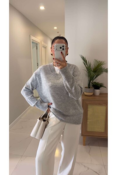 BİRCANÇİL Poritan Gray V-Neck Sweater