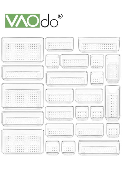 VAODO مجموعة منظم أدراج بلاستيكية شفافة مكونة من 25 قطعة، 4 أحجام، منظم مقسم أدراج مكتبي وصناديق تخزين