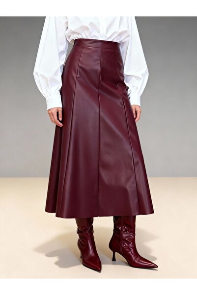 Grenj Fashion Burgundy Faux Leather High Waist Maxi Skirt