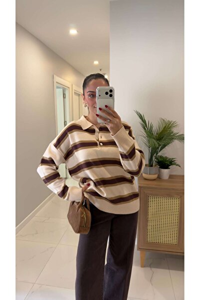 BİRCANÇİL Buhy Vanilla Cherry Polo Neck Striped Knitwear