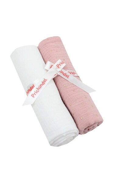 PRICHINDEL Set de 2 scutece de muselină, Buline metalice, roz cu alb, 80 x 67 cm