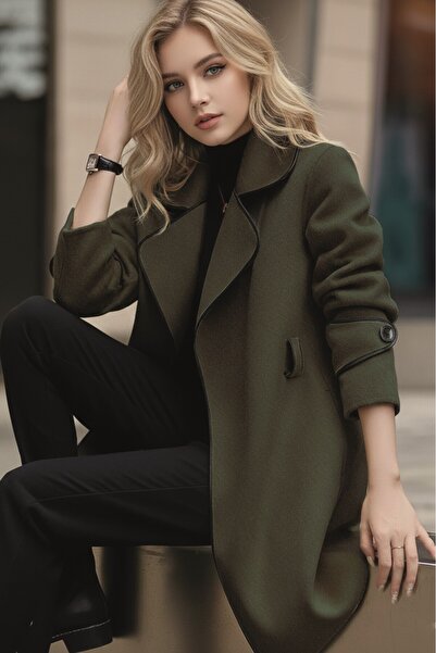 Mothermood Kaşe Kadın Şık Tasarım Yaka Kaban ve Kemer