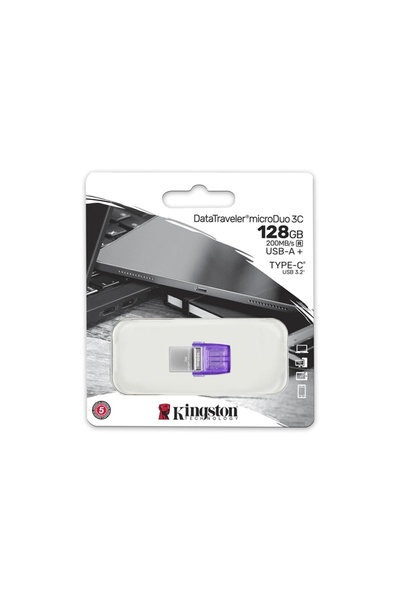 Kingston Στικ USB-C & USB-A 128GB MicroDuo 3C, USB 3.2, Γρήγορη μεταφορά, Διπλή υποδοχή, Μωβ