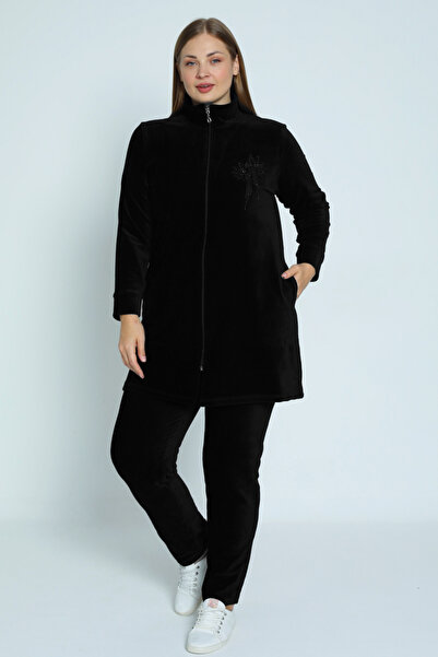 İntensive Women's Black Plus Size Long Sleeve Cotton Stone Detailed Velvet Bottom Top Tracksuit Set