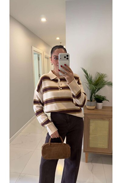 BİRCANÇİL Buhy Vanilla Cherry Polo Neck Striped Knitwear