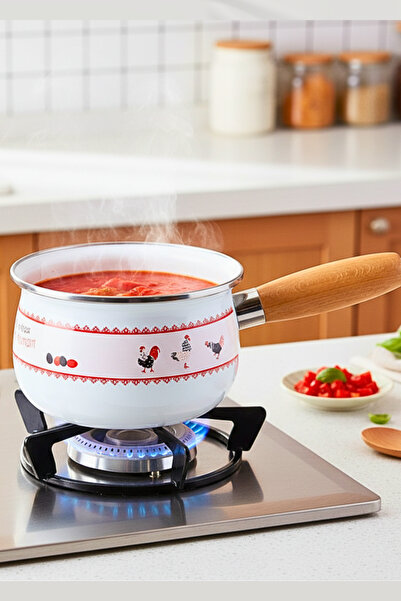 Penthouse 17 cm Enamel Sauce Bowl with Metal Red Lid - Wooden Handle