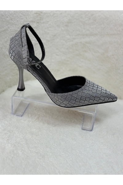 Melo shoes Antrasit Simli kroko desen bantlı stiletto