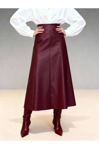 Grenj Fashion Burgundy Faux Leather High Waist Maxi Skirt
