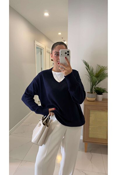 BİRCANÇİL Poritan Navy Blue V-Neck Knitwear