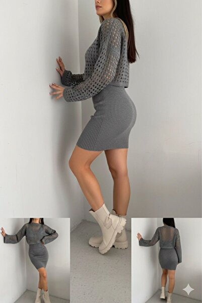 LİMABEL Triko Delikli Kazak Elbise Takım-GRİ