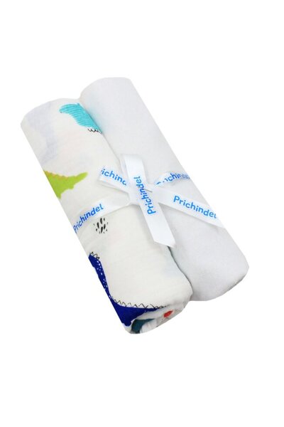 PRICHINDEL Set de 2 scutece de înfășat, dinozauri colorați, muselină și flane...