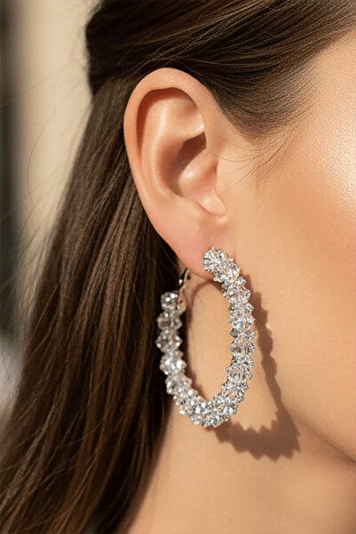 TAKIŞTIR Gümüş Renk Taş Detaylı 14k Altın Kaplama Halka Küpe (Çift)