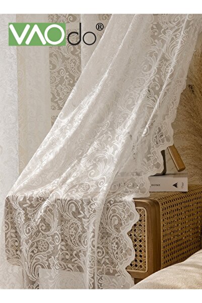 VAODO ستائر دانتيل عتيقة من قطعتين، ستائر شفافة مطرزة بالزهور من التول لغرفة المعيشة