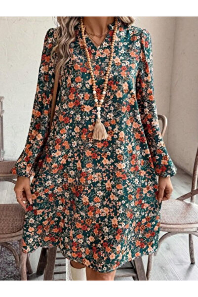 Modayakamoz Yeni Sezon Rahat Kesim Desenli Mini Modal Kadın Elbise Uzun Kollu...