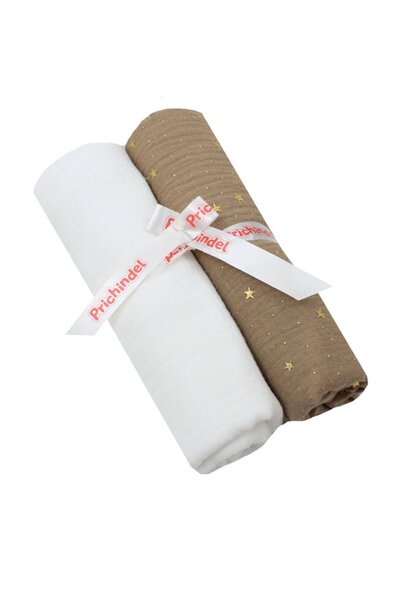 PRICHINDEL Set de 2 scutece de muselină, stele metalice, bej cu alb, 80 x 67 cm