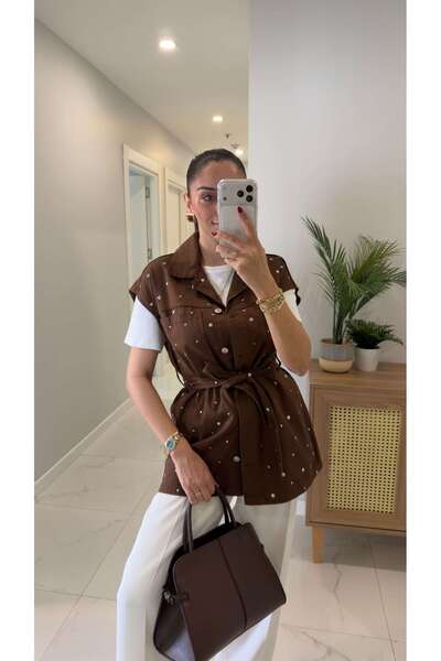 BİRCANÇİL Torble Kahve Zımbalı Kuşaklı Denim Yelek