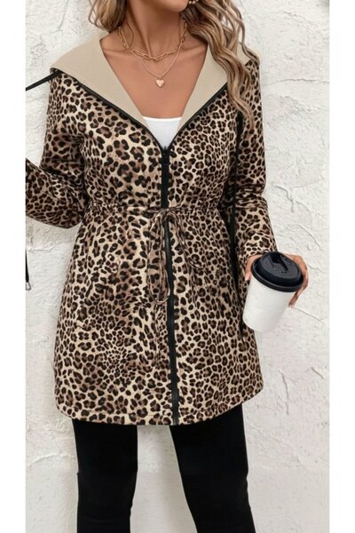 Kanonik Education Women's Long Sleeve Hooded Double-Sided Pocket Lace-Up Zippered Viscose Two Thread Jacket