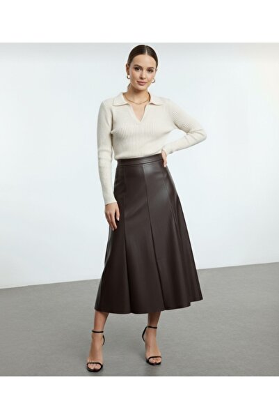 Grenj Fashion Brown Faux Leather High Waist Maxi Skirt