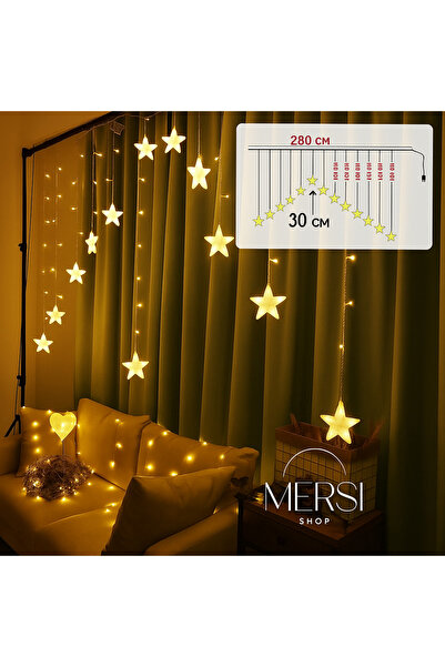 Mersi SHOP Sarı Işıklı Yıldız Perde Led – 3 Metre Dekoratif Aydınlatma Işık Z...
