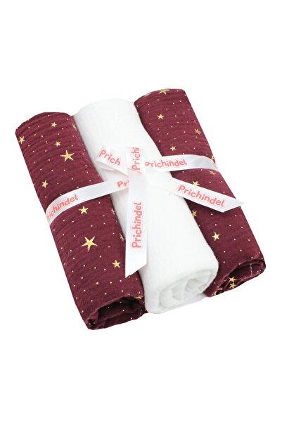 PRICHINDEL Set de 3 scutece de muselină, stele metalice, maro cu alb, 80 x 67 cm