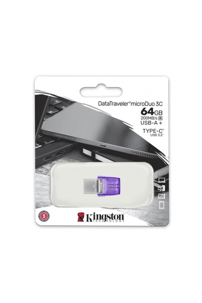 Kingston Στικ USB-C & USB-A 64GB MicroDuo 3C, USB 3.2, Γρήγορη μεταφορά, Διπλή υποδοχή, Μωβ
