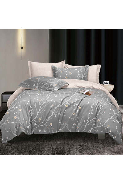 trendyhome Double Bed Bedding Set, Satin Cotton 4 Pieces – Floral Branches, Gray/Beige