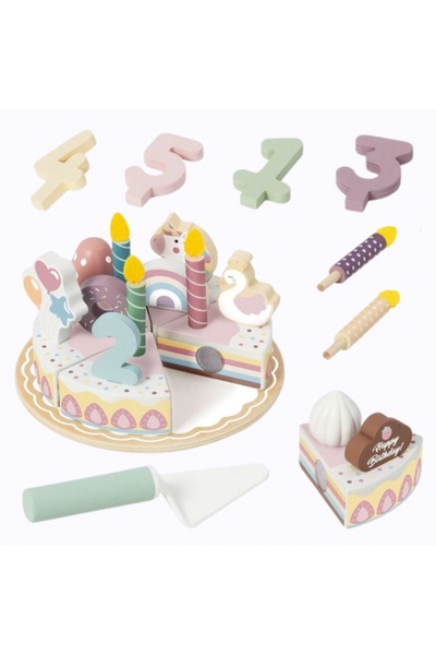 Tooky Toy Set de jucării din lemn pentru tort de ziua de naștere cu lumânări, decorațiuni și accesorii pentru copii de 3+ ani