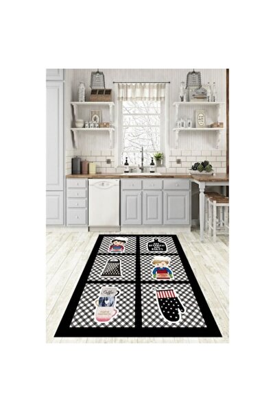 Blusmart Kitchen rug, black utensil pattern, non-slip, 120x180cm