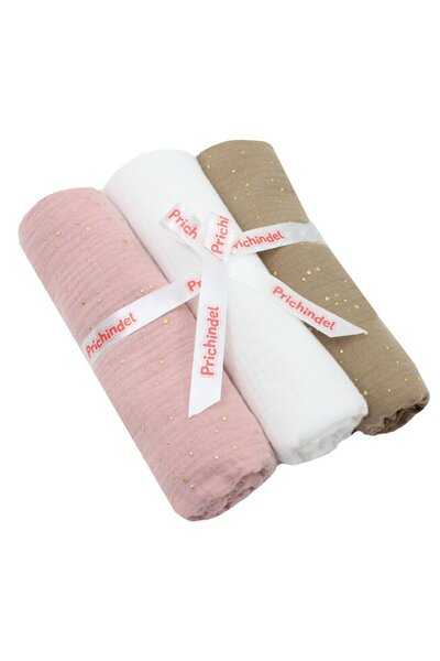 PRICHINDEL Set de 3 scutece de muselină, buline metalice, roz cu bej, 80 x 67 cm