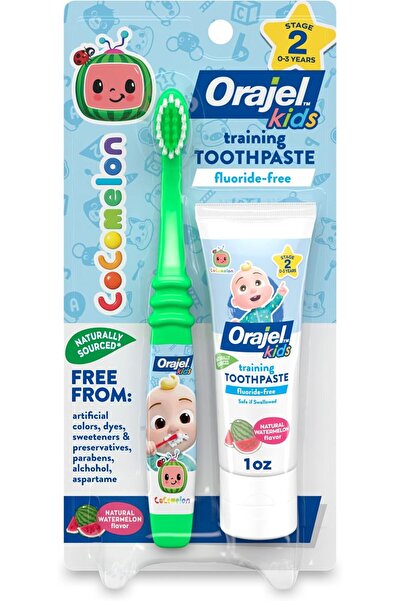 Orajel معجون أسنان كوكوميلون للأطفال خالي من الفلورايد مع فرشاة (مجموعة من قط...