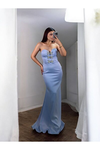 OLA Ribon Straplez Taşlı Kurdele Detaylı Balık Model Bebe Mavisi Abiye Elbise