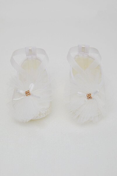 Bebiccino Baby Girl Ankle-Tied Pearl Booties with Tulle 0-6 Months, White