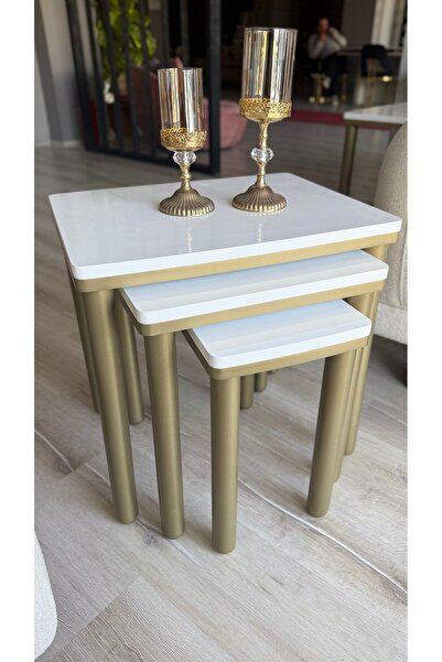 AKSET 3LÜ BOHEM ZİGON SEHPA BEYAZ BRONZ