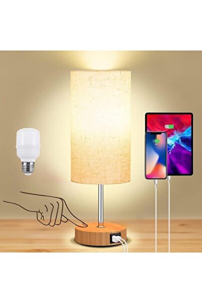 HOOKOR Bedside Table Lamp, Dimmable Touch Control with USB Ports, Fabric Shade