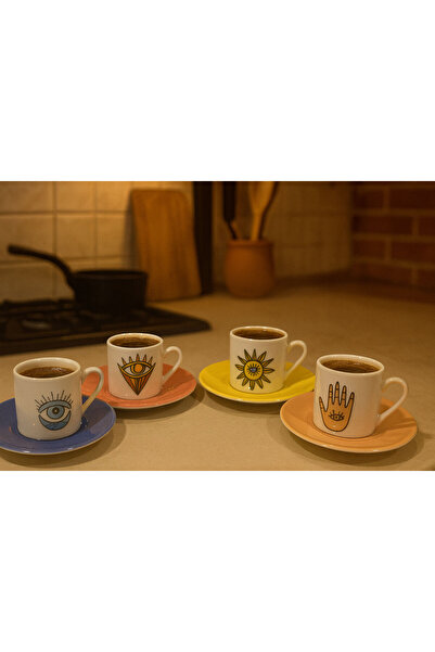 SİHİRLİ AYAKLAR 4-Person Colorful Patterned Porcelain Turkish Coffee Cup Set Gift Modern Designed 100 ml