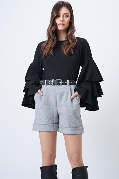 VAGGON Women's Light Gray Double Leg Double Pocket Winter Cashmere Shorts Prmx13297