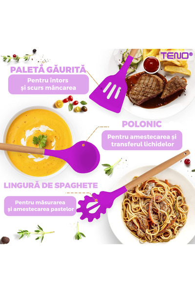 Teno ® 12-Piece Kitchen Utensil Set, food-grade silicone, heat-resistant, non-stick, purple