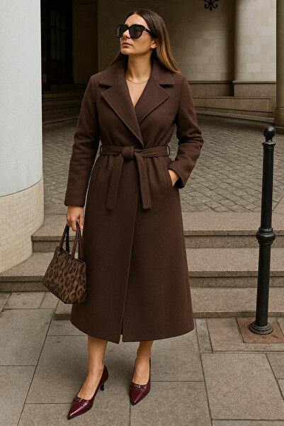 comstar Palton lung cu curea de iarnă pentru femei cu două rânduri de nasturi maro cașmir