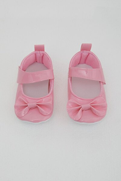 Bebiccino Baby Girl Patent Leather Ballerina Shoes with Bow and Velcro, Size 18-19, Pink