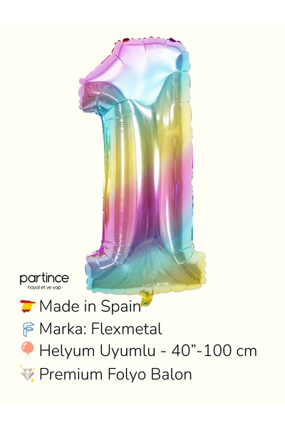partince 40″ 100 cm Gökkuşağı Rakam 1 Folyo Balon
