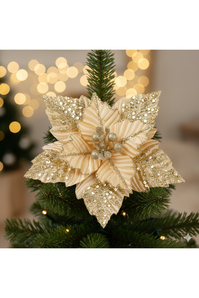 DODOMAR 28 cm – Pullu Tomurcuklu Gold Altın Ponsetya Yılbaşı Çiçeği Dekoratif...